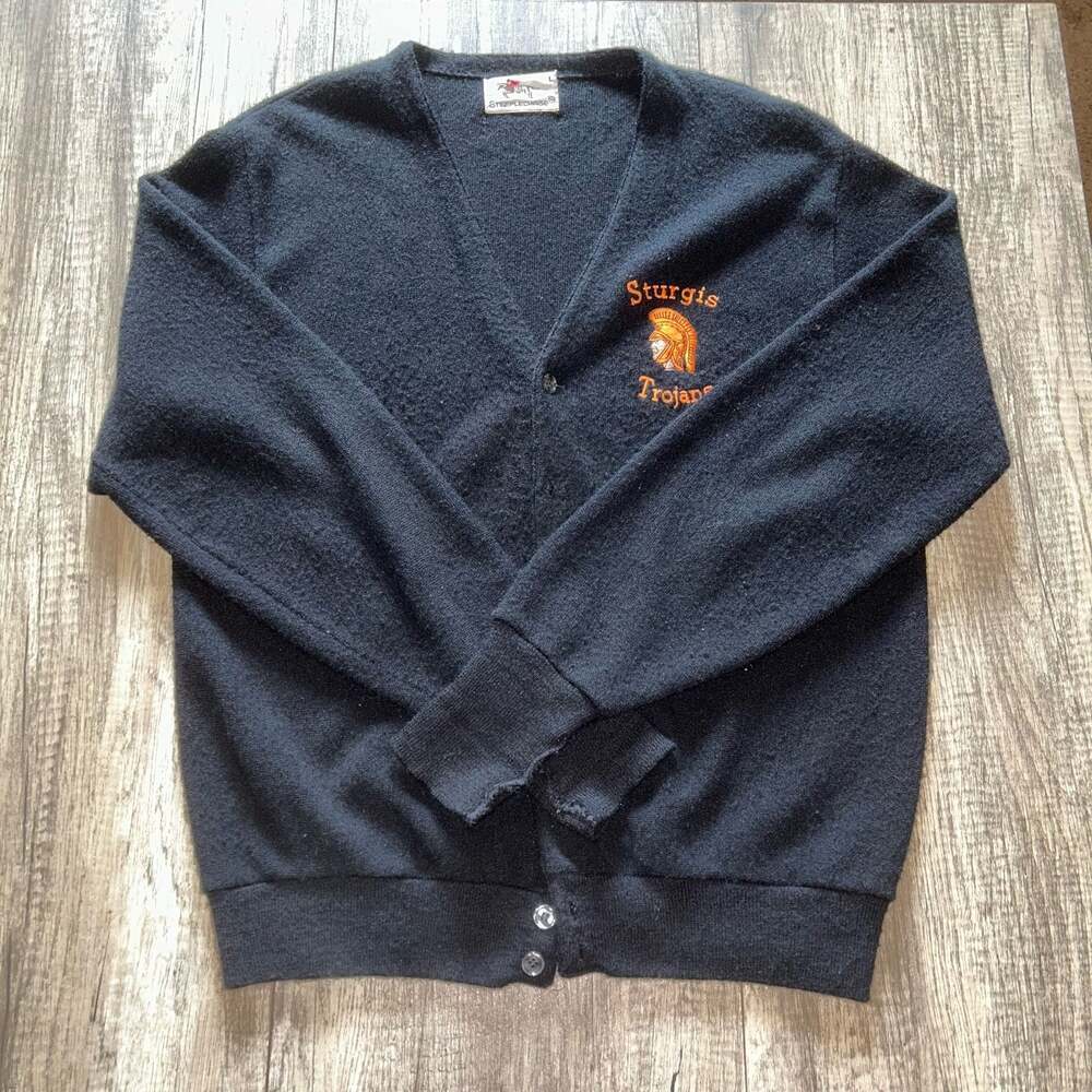 Vintage Steeplechase Sturgis Trojans Black Knit Cardigan Sweater Size L